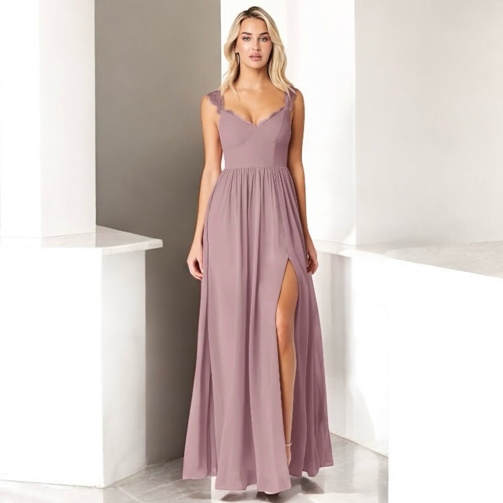 AZAZIE Cleobella A-Line Sweetheart Lace Chiffon Dress Maxi 10 Dusty Rose Blush - Picture 1 of 15